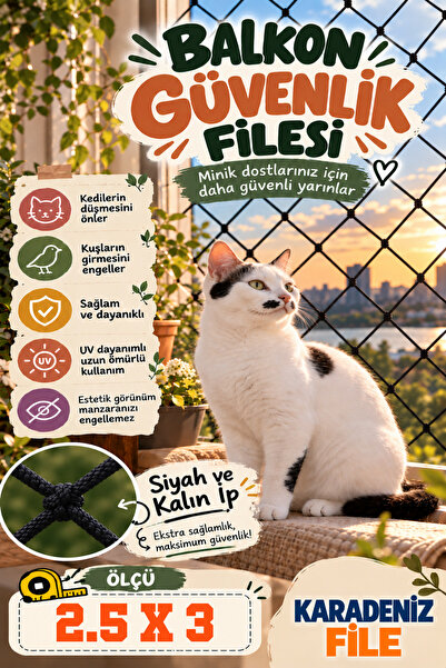 Balkon Filesi (KALIN - SİYAH) 2.5 X 3 (kuş Filesi, Kedi Filesi, Kuş Ağı, Kuş Önleme Filesi)