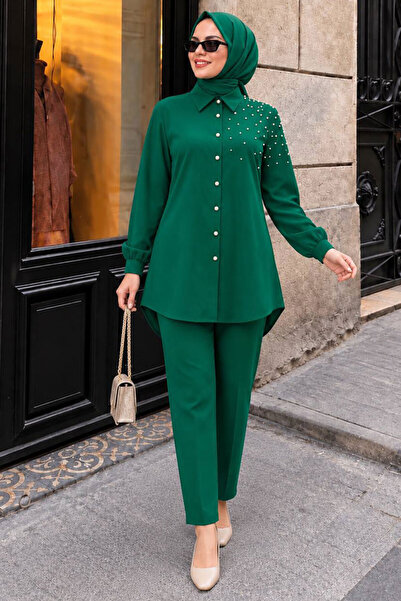 Neva Style Πράσινο Hijab Διπλό Σετ με Λεπτομέρεια Πέρλα 12461Y