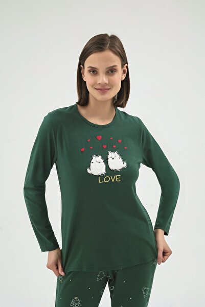 Sevim 17079 Yeşil Çam Ağacı Desenli Paçası Lastikli Pijama Takım