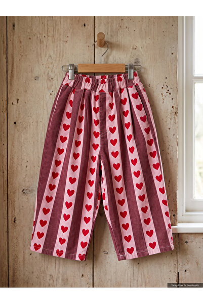Bubu Kido Bordo Pembe Kalp Desenli Çizgili Beli Lastikli Fitilli Denim Pantolon