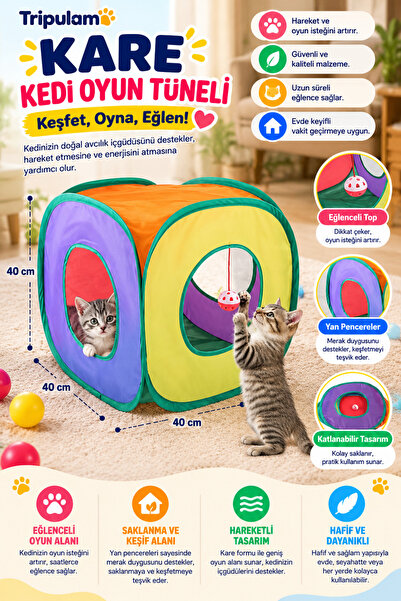 TRİPULAM Kare Model Kedi Oyun Tüneli – Gökkuşağı Renkli, Toplu (40x40 cm)