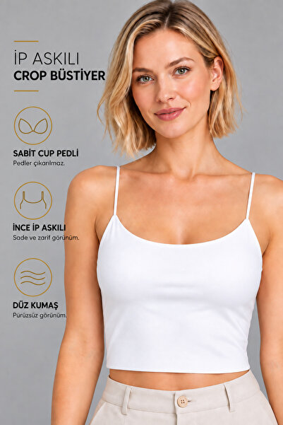 mrm pro Göğüs Pedli Kadın Beyaz İp Askılı Crop Atlet Esnek Fit Nakışlı Crop T...