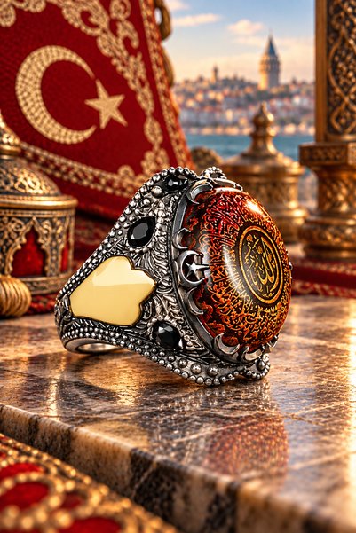 Siset Gümüş 925 Ayar Kehribar Taşlı Ayetel Kürsi İşlemeli Erkek Gümüş Yüzük