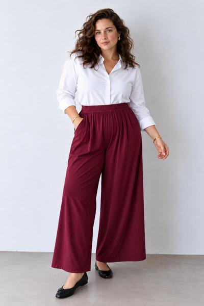 AFVENTE Bella Plus Size High Waist Wide Leg Modal Pants Burgundy