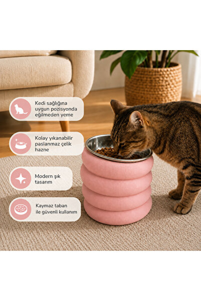 Modern Kedi Mama ve Su Kabı – Kaymaz Tabanlı Çelik Kaseli Yüksek Tasarım Mama Kabı