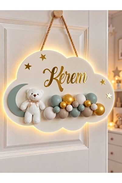 Bonika İstediğiniz Ismi Yazıyoruz - Bubble Ayıcıklı Ledli Bulut Bebek Kapı Süsü