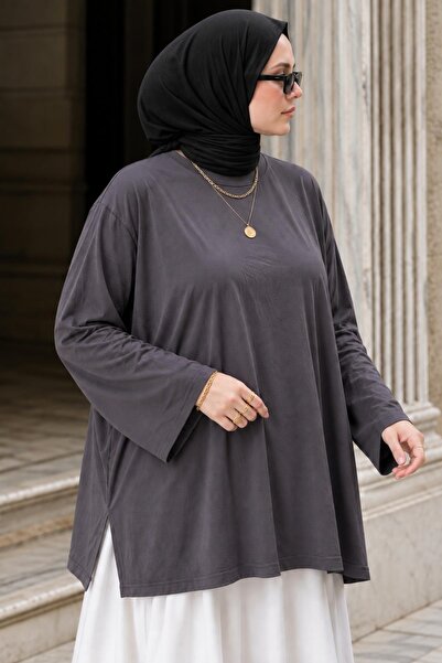 AFVENTE Women's Plus Size Oversize Long Sleeve Combed Cotton Blouse Smoked