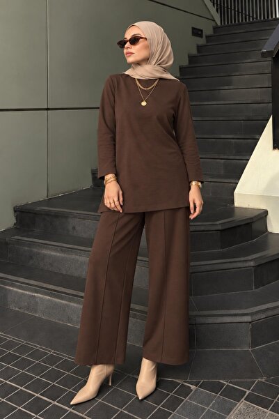 AFVENTE Aden Women's Modal Two-Piece Set with Elastic Waist and Trousers, Brown