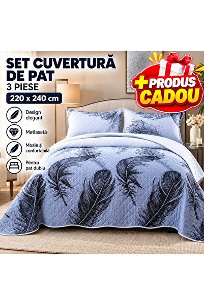 OEM Set Cuvertură de Pat Dublu, 3 Piese, 220x240 cm, Model Pene, Matlasată, G...