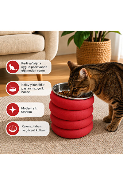 Basart Modern Kedi Mama ve Su Kabı – Kaymaz Tabanlı Çelik Kaseli Yüksek Tasar...