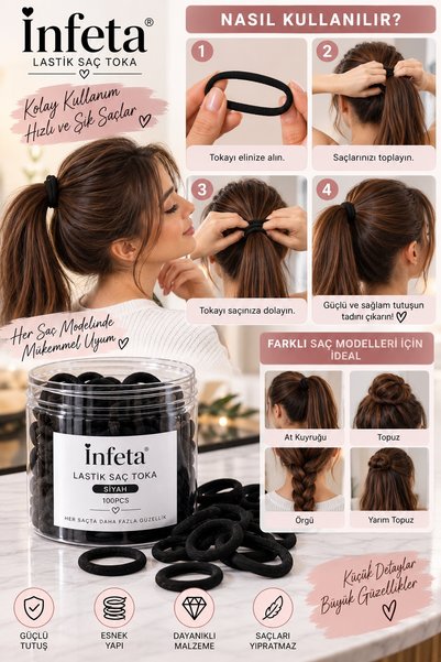 İnfeta Black Rubber Hair Ties 100 Pieces Thick Fabric Covered Flexible Hair Rubber Bands