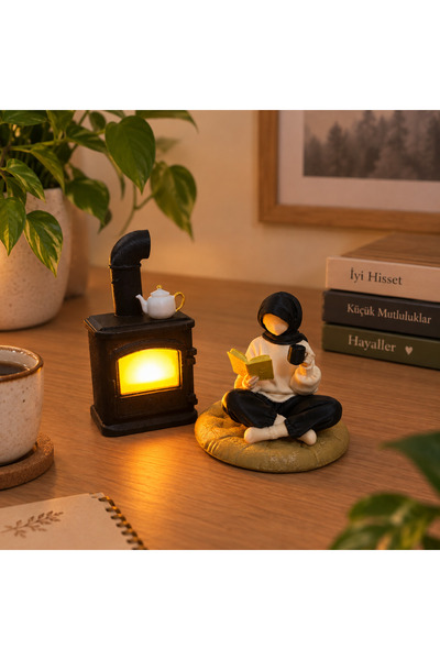 El Yapımı 3D Baskı Okuma Köşesi Dekoru | LED Işıklı Soba ve Kitap Okuyan Tesettürlü Kız Biblo Seti