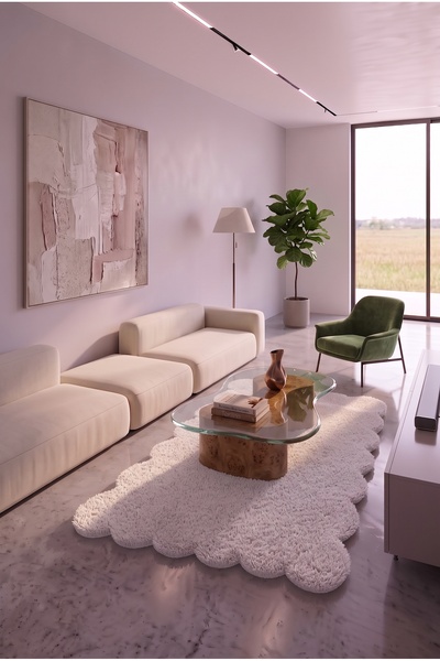 SOFT DECOR Beyaz Kaymaz Taban Peluş Dekoratif Papatya Oda Halısı Tozumaz Yumu...