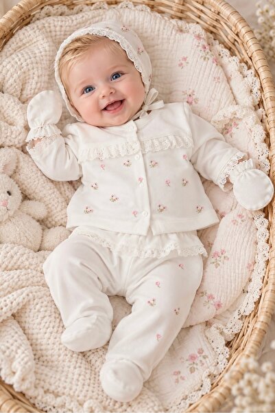 Be Happy Fisto Çiçekli %100 Pamuk Yenidoğan Kız Bebek 5 Parça Hastane Çıkışı Zıbın Seti