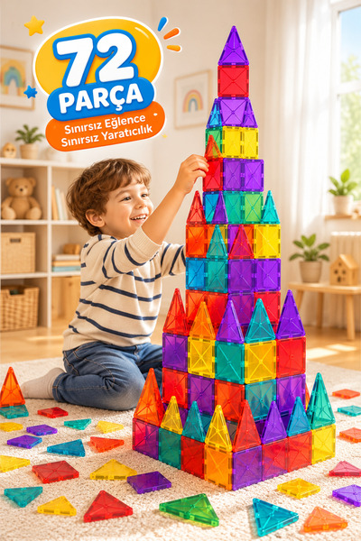 Baby Home Manyetik Yapı Blokları - Çocuklar Için Renkli 3 Boyutlu 72 Parça Ma...