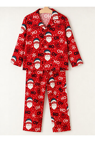 Free Beka New Year Patterned Red Long Sleeve Buttoned Front Shirt Collar Family Pajama Set Combination