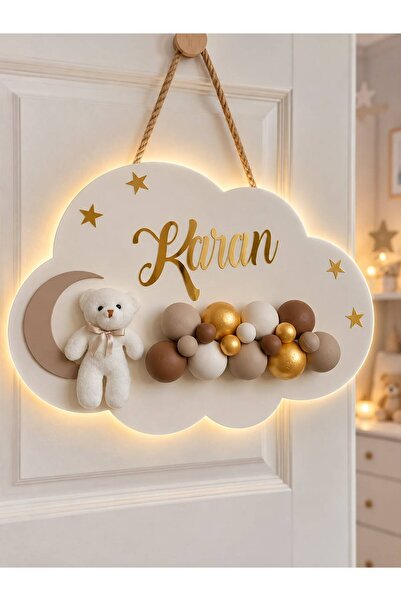 Bonika İstediğiniz Ismi Yazıyoruz - Bubble Ayıcıklı Ledli Bulut Bebek Kapı Süsü