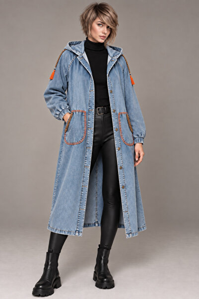 Boutique Juji BOHEM TASARIM İŞLEMELİ KAPÜŞONLU DENİM MAVİ TRENÇKOT