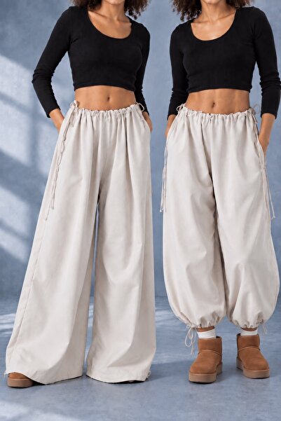 SLAVİ İSTANBUL Women's Beige Oversize Micro Satin Palazzo Wide Leg Trousers C...