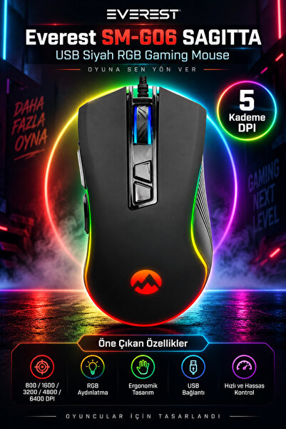 Everest SM-G06 SAGITTA Usb Siyah 800/1600/3200/4800/6400 dpi RGB Gaming Mouse