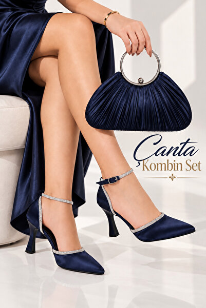 Famels High Heeled Shoes Short Heels 7 cm Heels Navy Blue Satin Evening Dress...