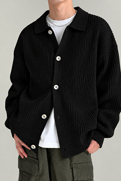 GENIUS STORE Erkek Hırka Oversize Kalıp Düğmeli Polo Yaka Triko Kazak Çekme/U...