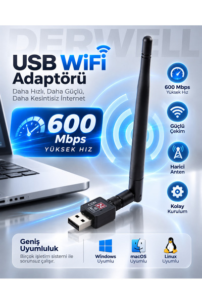 Derwell Usb Kablosuz Wireless 600 Mbps Wifi Çekim Yükseltici Adaptör Pc Ağ La...