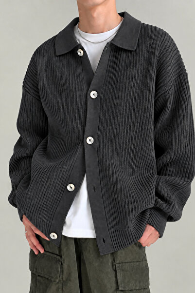 GENIUS STORE Erkek Hırka Oversize Kalıp Düğmeli Polo Yaka Triko Kazak Çekme/U...