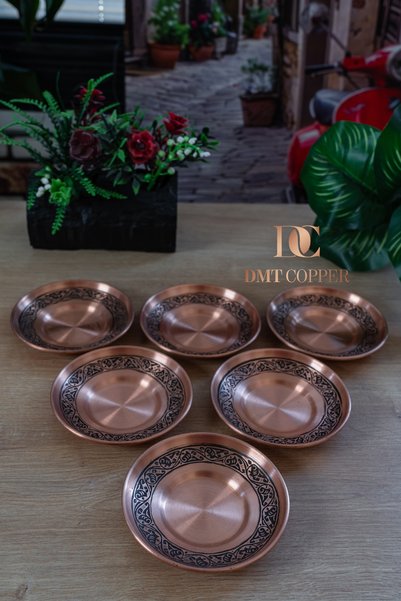 DMT COPPER HOME Gaziantep Copper Tea Plate Handcrafted 6-Piece Set First Clas...