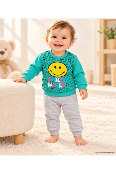 NNK exclusive Listen Smiling Face Detailed Girl's Top and Bottom Set