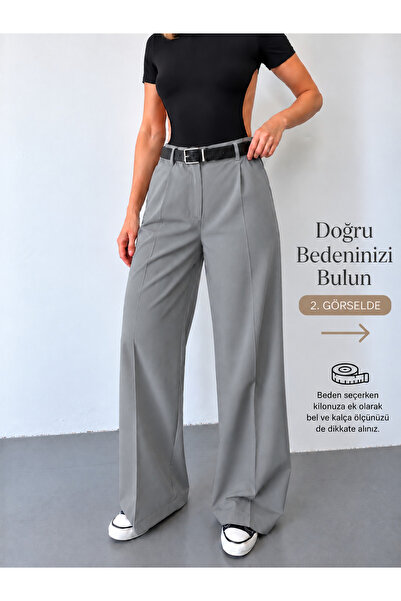 glanour Gri Kemerli Palazzo Pantolon Orjinal Kesim