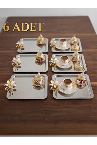 Elzemm store PASLANMAZ ÇELİK KARE 6 ADET BÜYÜK ÇİÇEK AKSESUARLI SERVİS VE SUN...