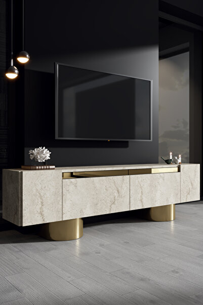 Modatte BOHEM GOLD METAL AYAKLI GOLD TASARIM TRAVERTEN MERMER TV SEHPASI