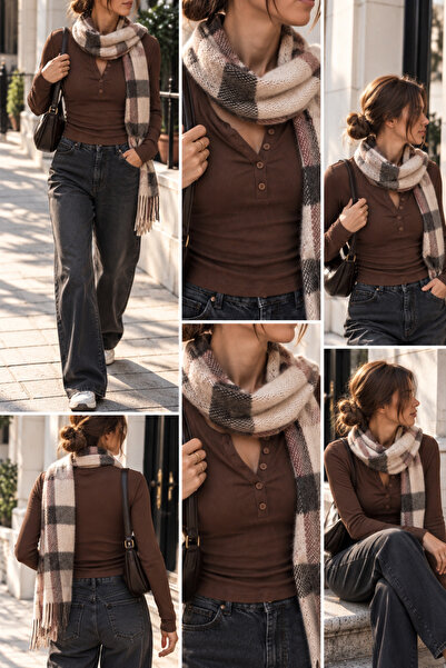 Riowela Women's Top with Stretch Fabric and Button Detail, Brown