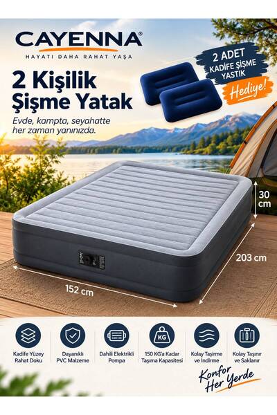 cayenna 2 Kişilik Şişme Yatak 152x203x 30 cm – 2 Adet Şişme Yastık Hediyeli