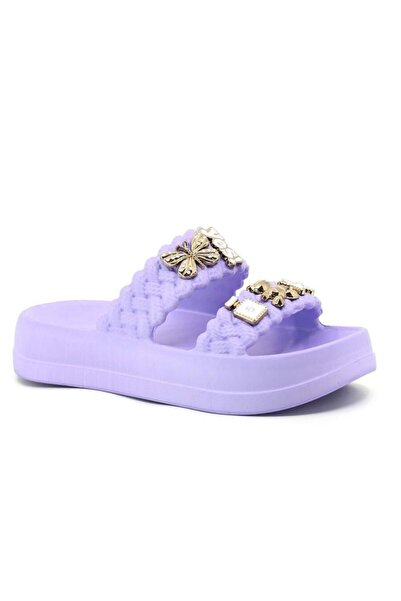 Juuuj Lilac Knitted Textured High-Sole Double-Strapped Daily Slippers with Me...