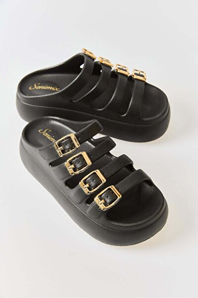 Juuuj Black Lightly Textured High Sole Non-Slip Daily Slippers with Gold Buck...