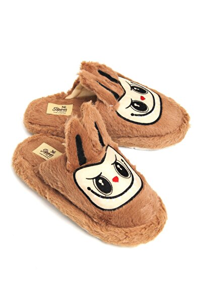 Juuuj Brown Soft Plush Textured Non-Slip Sole Embroidered Figure Detailed Hou...