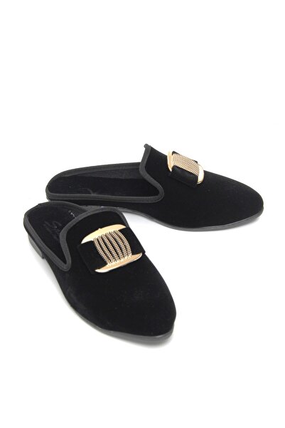 Juuuj Black Velvet Textured Non-Slip Sole Gold Color Metal Accessory Detailed...