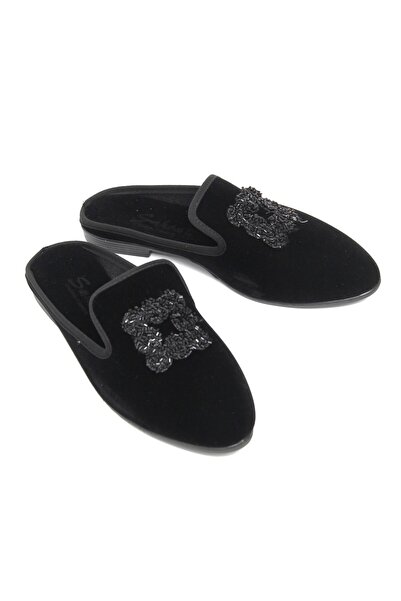 Juuuj Black Velvet Textured Pointed Toe Lightweight Daily Slippers with Shiny...