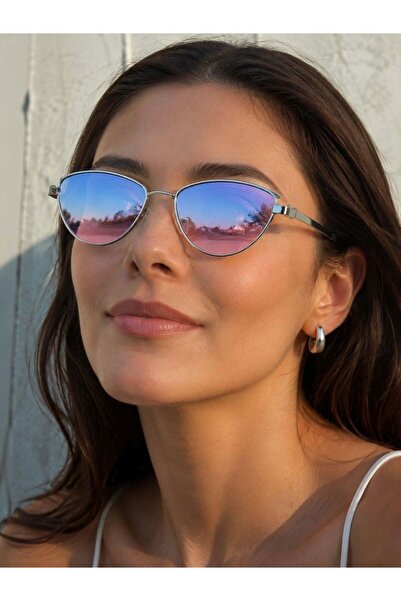 Juuuj Pink Blue Gradient Glass Silver Metal Frame Thin Handle Cat Eye Form Su...