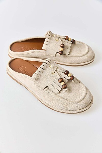 Juuuj Beige Suede Textured Soft Sole Mule Slippers with Tassels and Bead Deta...