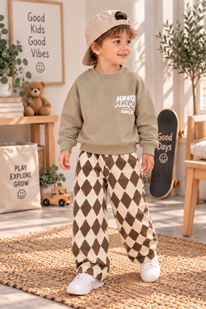 Neo Kids Su Yeşili Sweatshirt ve Karo Desenli Bol Paça Eşofman Takımı