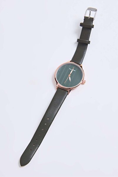 Juuuj Green Leather Strap Round Case Metallic Frame Detailed Classic Form Ana...