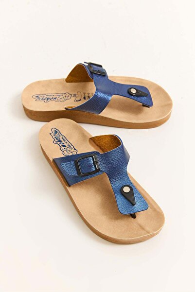 Juuuj Blue Faux Leather Lightweight Flip-Flops with Buckle Detail, Comfortabl...