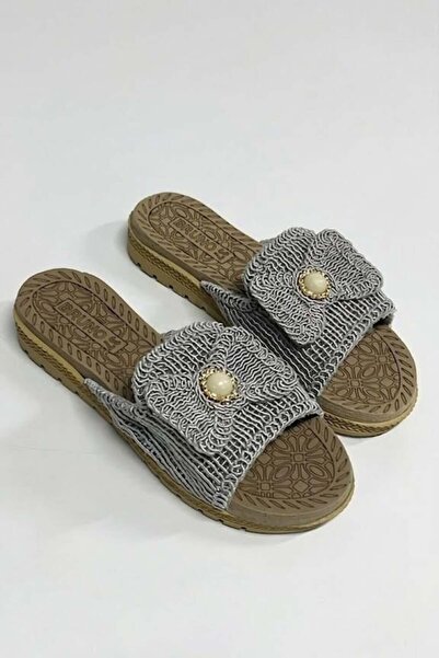 Juuuj Gray Macrame Knitted Textured Non-Slip Sole Comfortable Slippers with C...