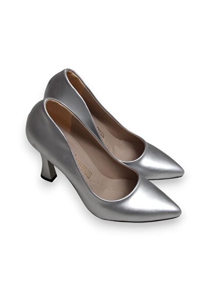 Juuuj Silver Leather Look Pointed Toe Comfortable Insole Daily Use Classic Fo...