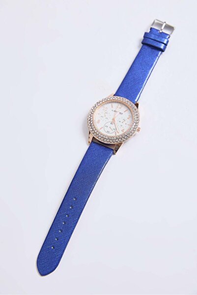 Juuuj Navy Blue Leather Strap Patterned Texture Round Case Stone Detailed Cla...
