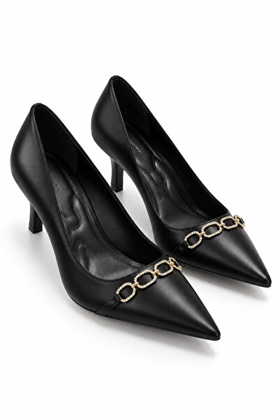 Juuuj Black Leather Look Pointed Toe Five Centimeter Medium Heel Gold Chain D...