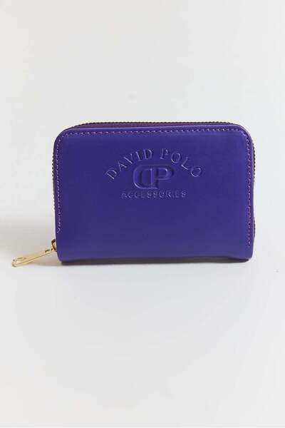Juuuj Purple Text Embossed Mini Form Metal Zipper Detailed Functional Wallet ...